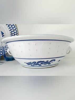Blue and White Rice Serving Bowl with Dragon Design
